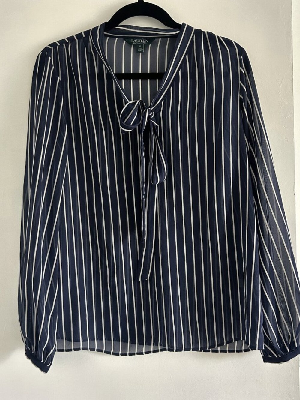 Lauren Ralph Lauren Navy White Striped Tie Neck Sheer Blouse M